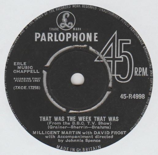 

7inch Record MILLICENT MARTIN DAVID FROST That Was The Week That Was 45R4998 Parlophone 1963 UK Pop Used