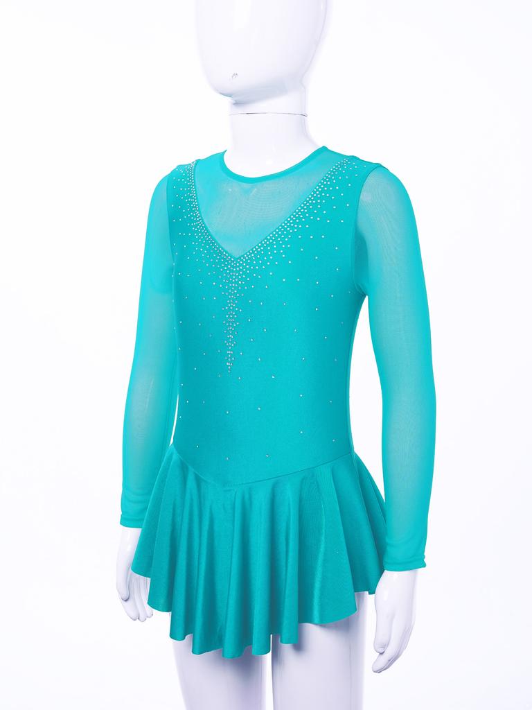 Eiskunstlaufkleid für Kinder, Mädchen, hohler Rücken, langärmelig, glitzernde Strass-Kleider mit hohlem Rücken