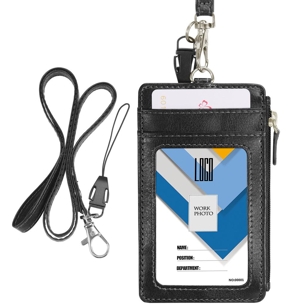 Wisdompro ID Card Holder, Vertical Neck Strap, Name Holder, Employee IDName TagCommuter Pass Case, Coin Purse, with Neck Strap, Black
