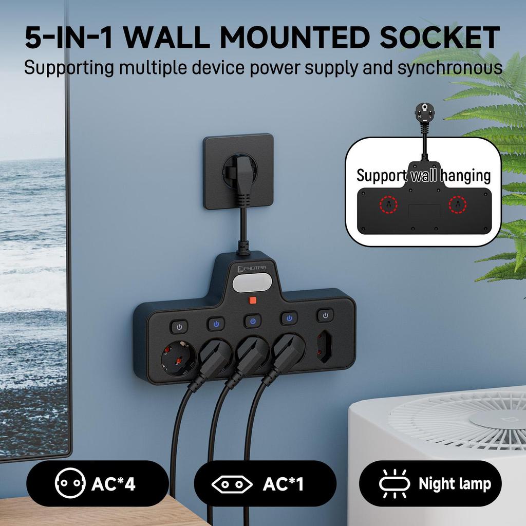 European standard multi socket lighting power socket, made of PC fire-resistant and flame-retardant material, equipped with small night lights