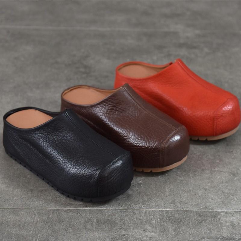 Johnature Genuine Leather Height-increasing Sandals Versatile Thick Soled Round Toe Women's Outdoor Slippers