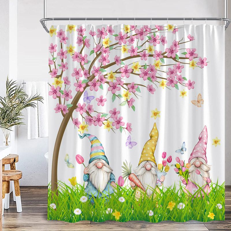 

Easter Shower Curtains Watercolour Floral Leaves Butterfly Cute Rabbit Bath Curtain Fabric Home Bathroom Decoration With Hooks 90x180cm-35x70in