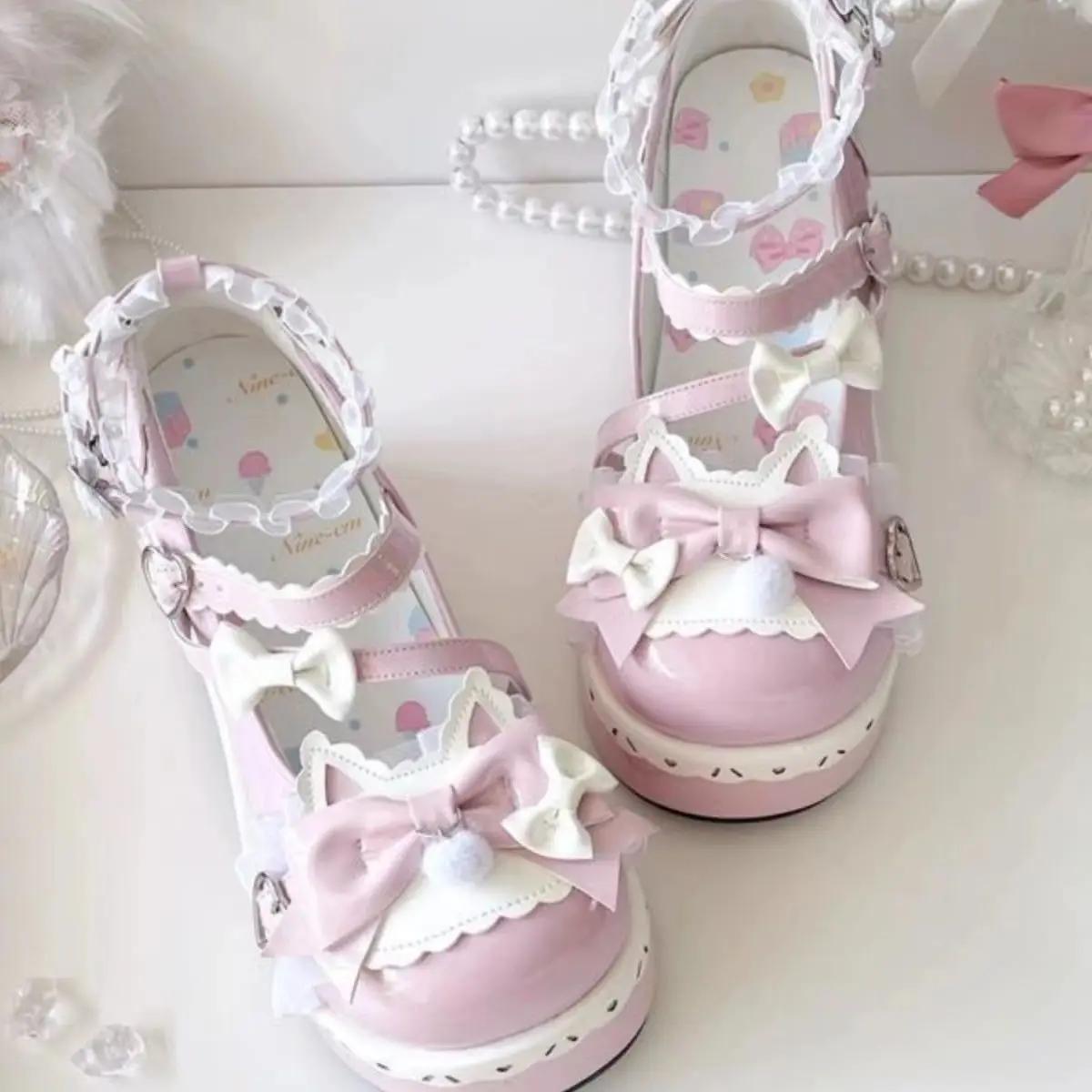 

Прекрасные туфли Лолита для девочек, милые туфли на платформе с бантиками, кавайные туфли на плоской подошве с кружевом Алиса, туфли Мэри Джейн 39 розовый