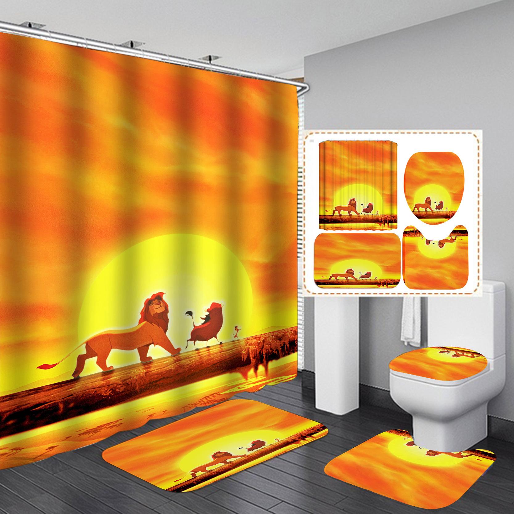 

4 шт. наборы занавесок для душа серии Lion для ванной комнаты, нескользящие коврики для ванной комнаты, крышка для унитаза, коврик для ванной