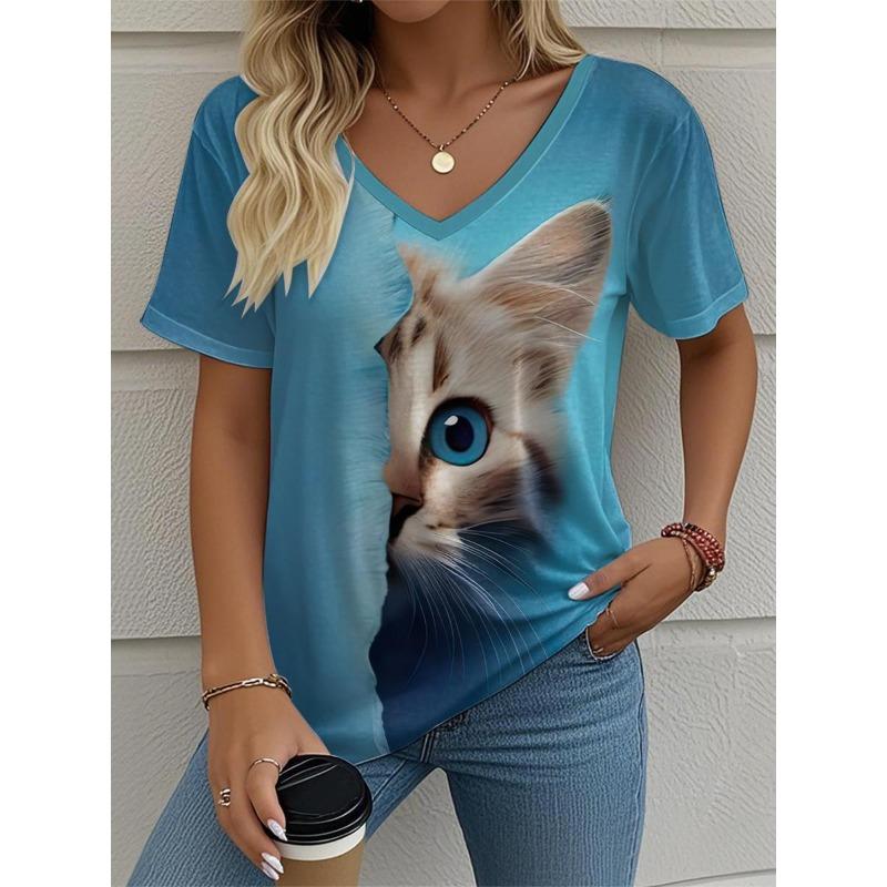 

2025 Новая футболка с V-образным вырезом для женщин с кошкой, Летняя уличная мода, Топы с коротким рукавом, Принты с животными, Одежда для женщин размера оверсайз XS