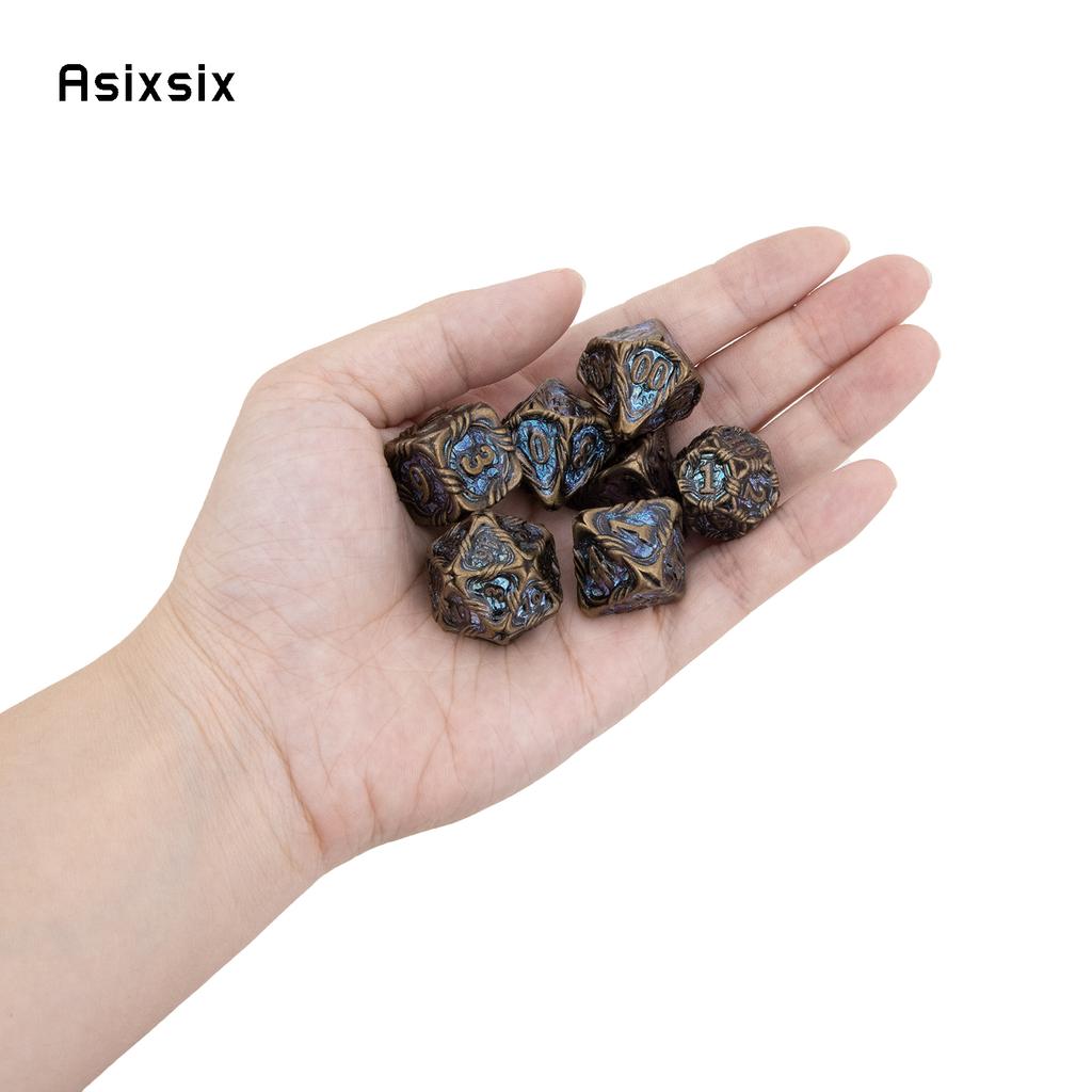 7 Pcs Yellow Blue Tree Vine Metal Dice Solid Metal Polyhedral Dice Set Suitable for Role-Playing RPG Board Game Dice RPG
