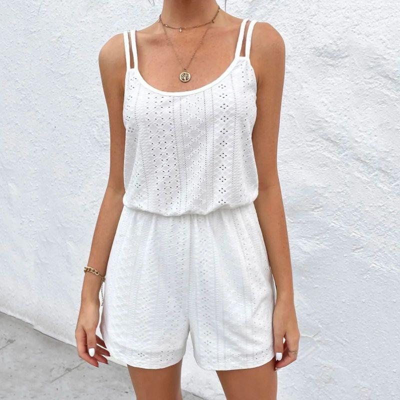 

Hollow Solid Color Suspender Jumpsuit Cut Out Pure Color Casual Suspender Jumpsuit White XXL