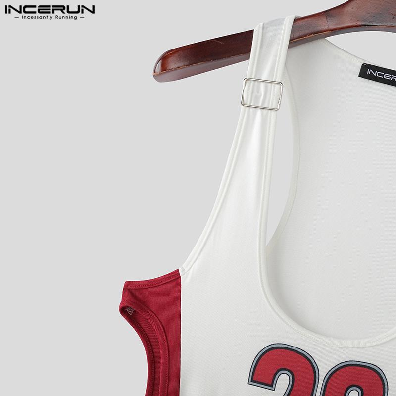 INCERUN Men Deep U Sleeveless Letter Print Fitted Playsuit Bodysuits Jumpsuits Underwear