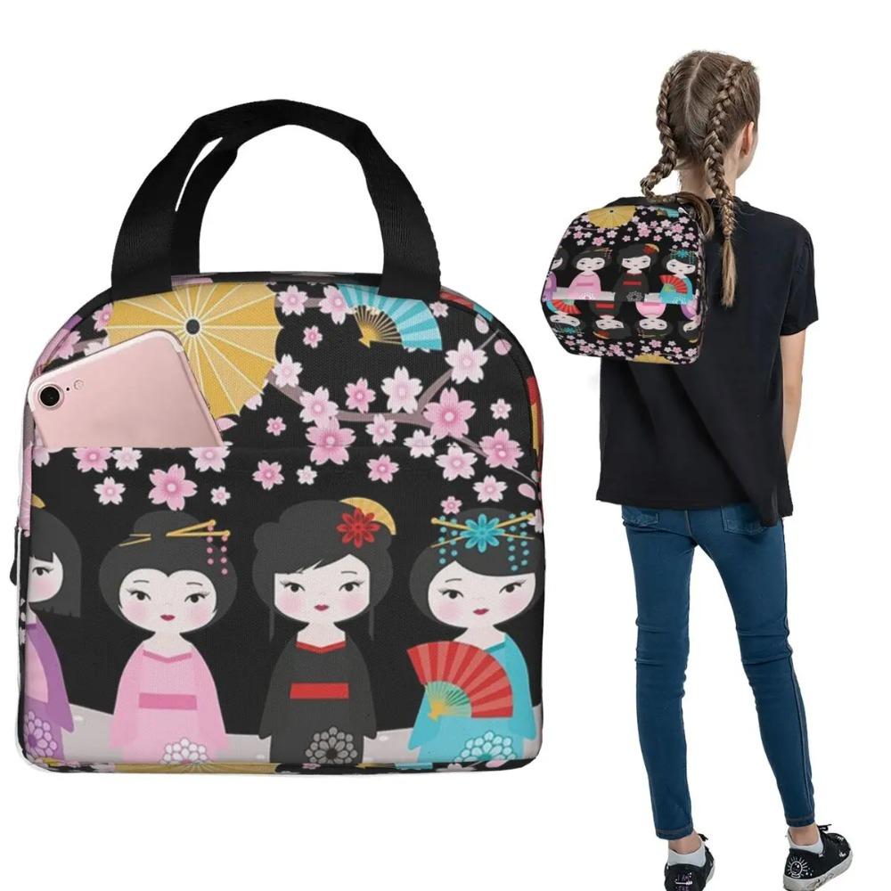 Japanese Sakura Kokeshi Doll Insulated Lunch Bag for Women Kids Leakproof Food Boxes Thermal Lunch Box Tote