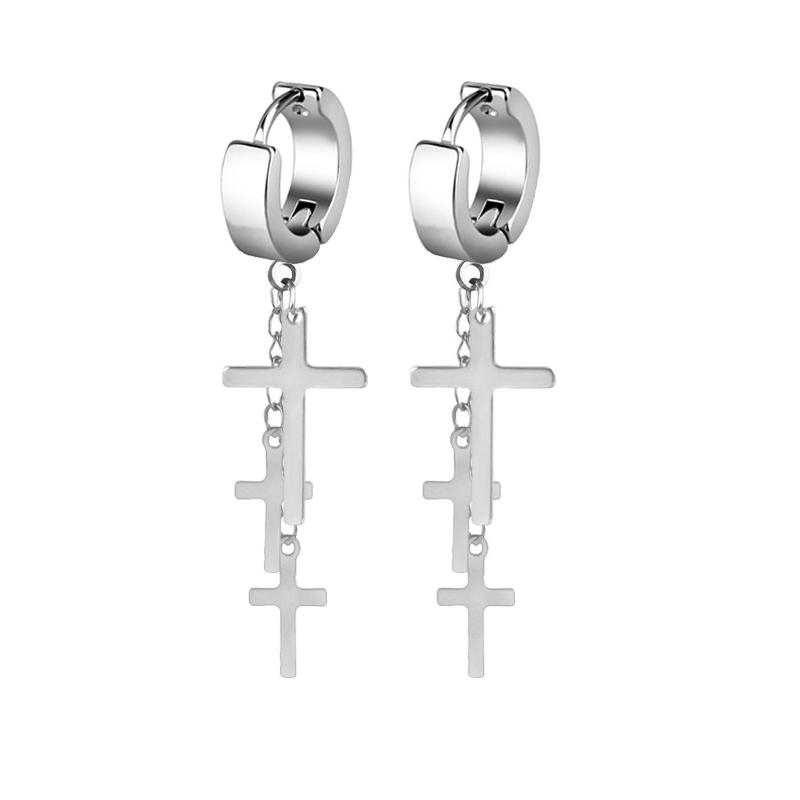 Newest 1 Pair Stainless Steel Cross Pendant Dangle Long Tassel Unisex Hoop Earrings Men/Women Punk Gothic Zircon Best Gifts