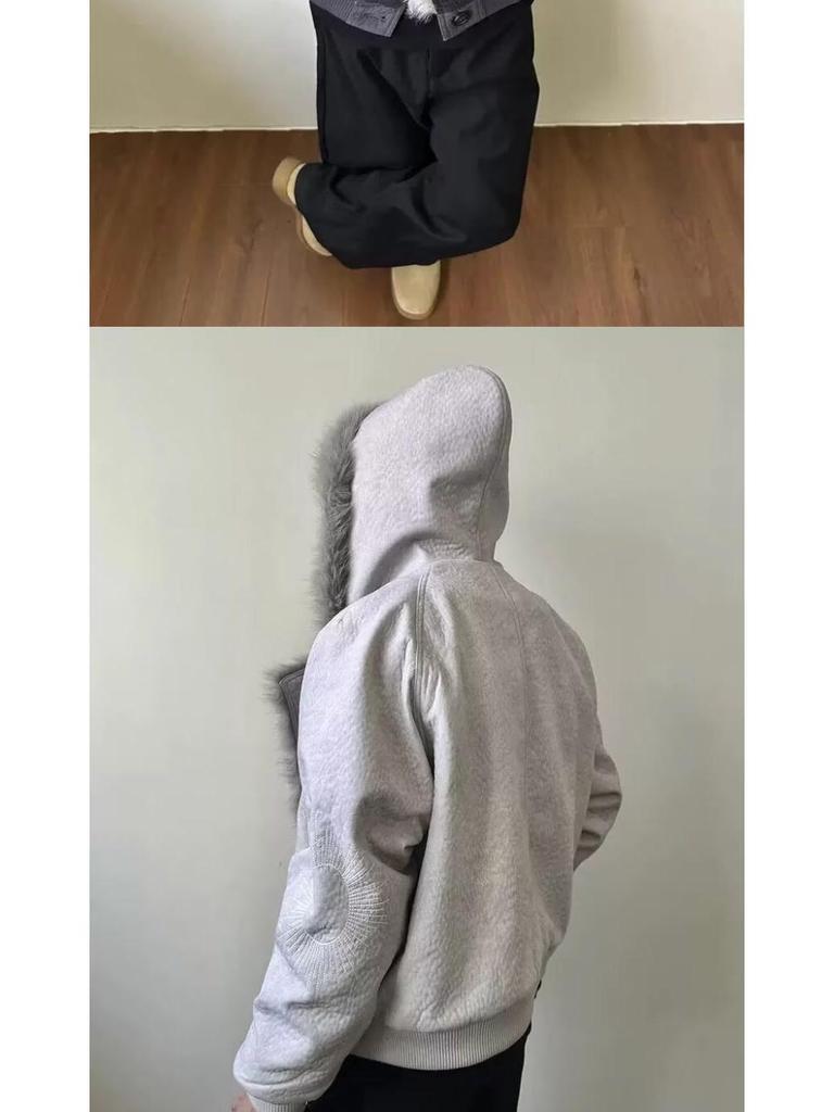 Old Money Style Wolf Constellation Cotton Hooded Jacket: Unisex Winter Outerwear with Velvet, Thick and Loose Fit.