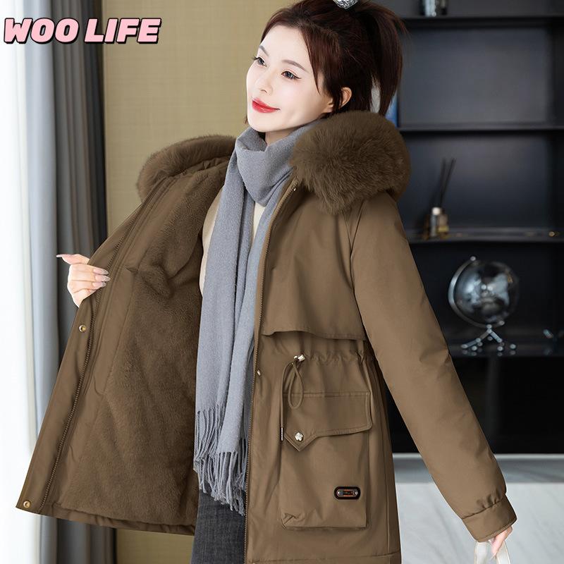 Parker Clothing Women's New Winter All-match Cotton Clothing Plus Velvet Hooded Jacket, Big Fur Collar, Warm Cotton Clothing, Women's Cold Protection