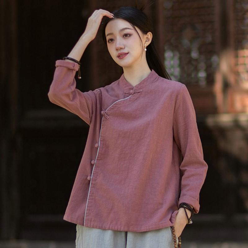 Johnature Women Vintage Shirts Tops Spring Chinese Style Solid Color Stand Button Long Sleeve Shirts