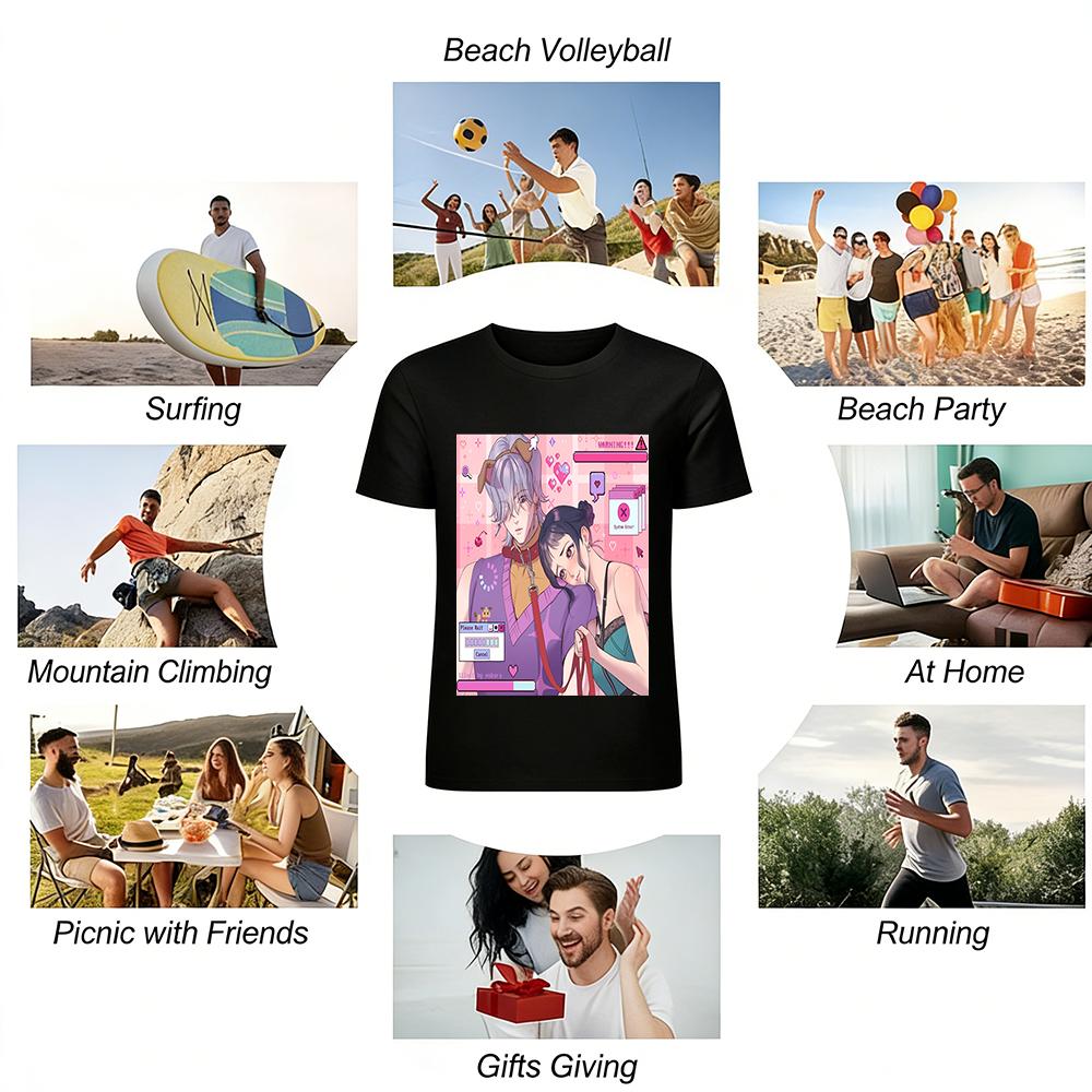 Japanese Anime Contrast Cute Couple Print T-shirt, Soft Boy & Cool Girl Sweet Cool Top Pure cotton T-shirt