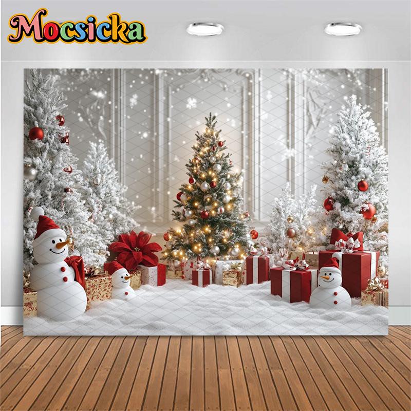 Mocsicka Christmas Tree Backdrops Photography Washable Winter Snowflake Photo Backgrounds White Wall Snowman Gifts Decors Banner