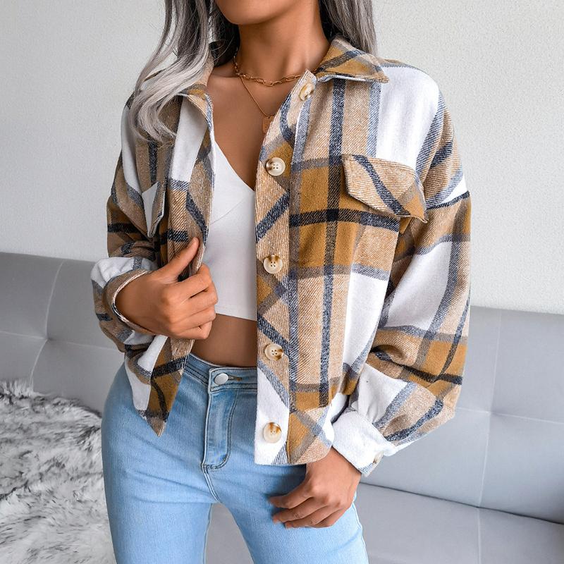 Fall Women Jacket Contrast Color Plaid Print Turn-down Collar Single-breasted Fake Pocket Long Sleeves Loose Commuting Coat