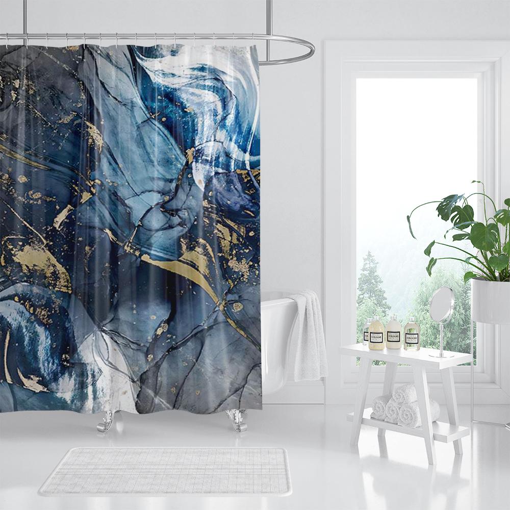 Abstract Marble Shower Curtains Creative Geometric Design Blue Purple Watercolor Print Bath Curtain Modern Fabric Bathroom Decor