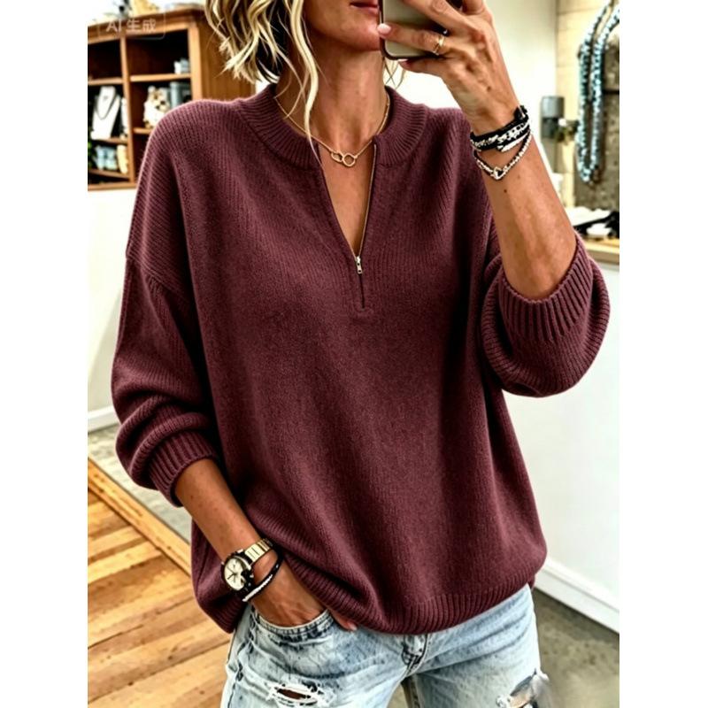VEZFAA Women's Fashion Casual Fall Winter Solid Color Print Long Sleeve V-Neck Sweaters