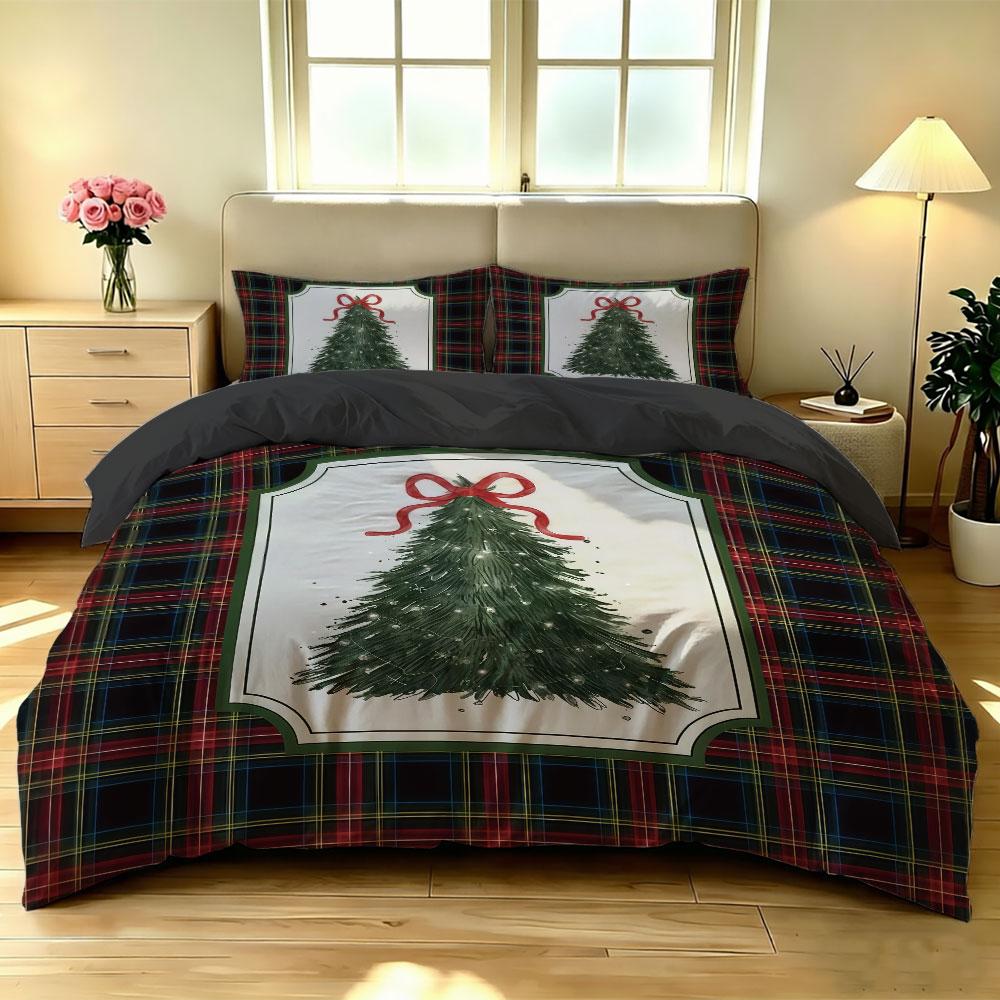 3pcs Christmas Tree Plaid Print Duvet Cover Set Holiday Festive Soft Microfiber Bedding Set with Pillowcases Quilt Cover Decor
