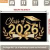 2D Class of 2026 Graduation Photography Backdrop Black Gold Cap, Diploma and Laurel Party Background