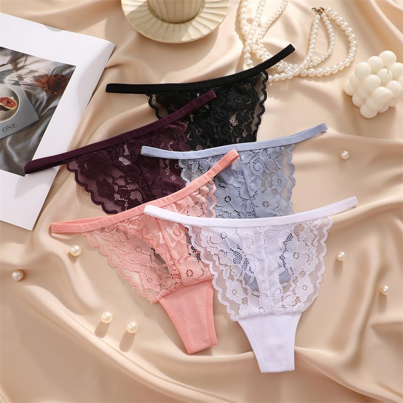 FINETOO Lace Thong for Women Seamless Lingerie Ice Silk Underwear T-back Panty