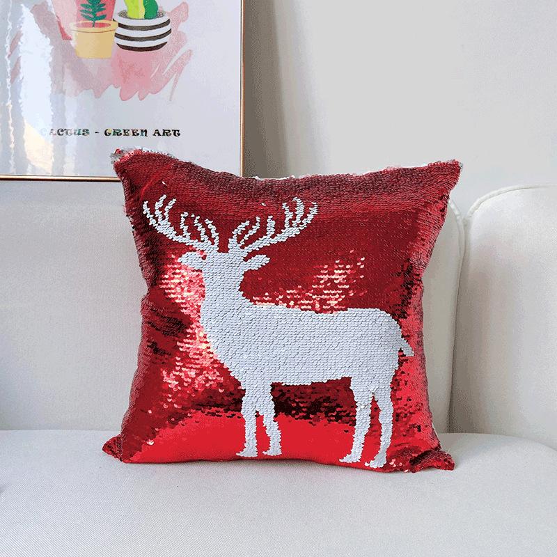 

New Red Christmas Pillow Cover Double-sided Sequin Snowflake Deer Head Gift Car Cushion Cover 40*40