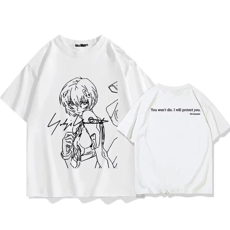 Neon Genesis Evangelion Rei Ayanami Line Art & Citazione T-shirt Casual Oversize a Doppia Faccia Anime Uomo e Donna