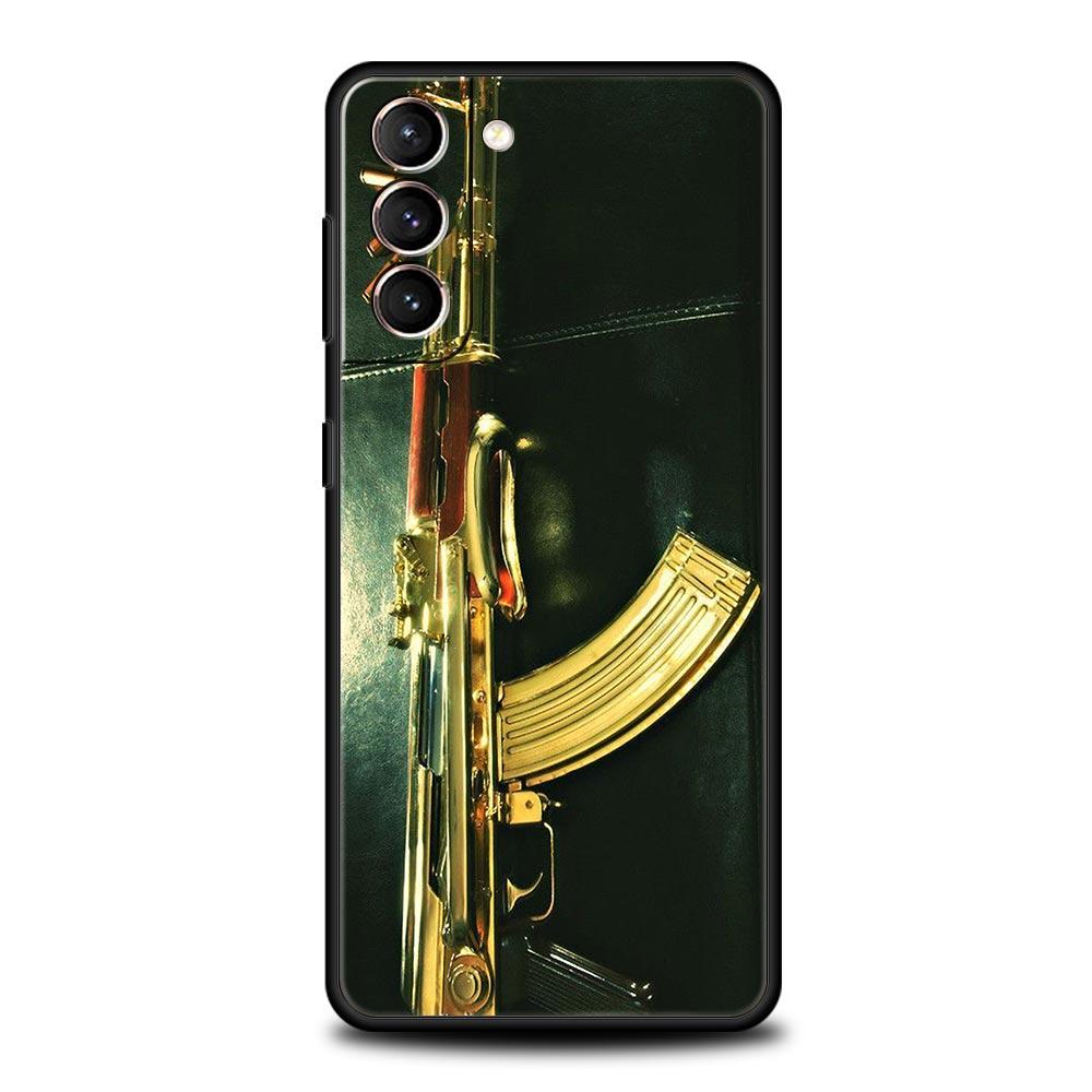 AK47 Handgun Gun BUllets Phone Case For Samsung Galaxy S23 Ultra S22 S21 S20 FE 5G S10 S10E S9 S8 Plus Note 20 Soft Black Cover