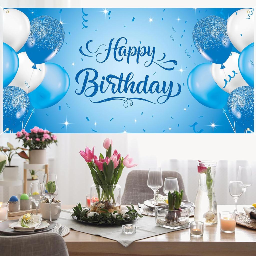 Roetyce Blue Birthday Banner, Light Blue Happy Birthday Backdrop for Girls Boys(5.9 x 2.9 Ft), Women Men Bday Party Photo Background