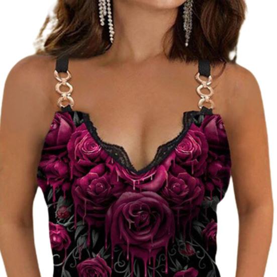 Letní košilka s růžovým potiskem dámská tenká vesta bez rukávů s výstřihem do V