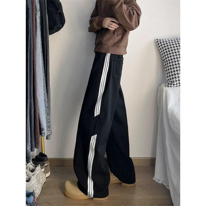 Mens Vintage 3-Stripes Washed Jeans Loose Wide Leg Streetwear Casual Pants