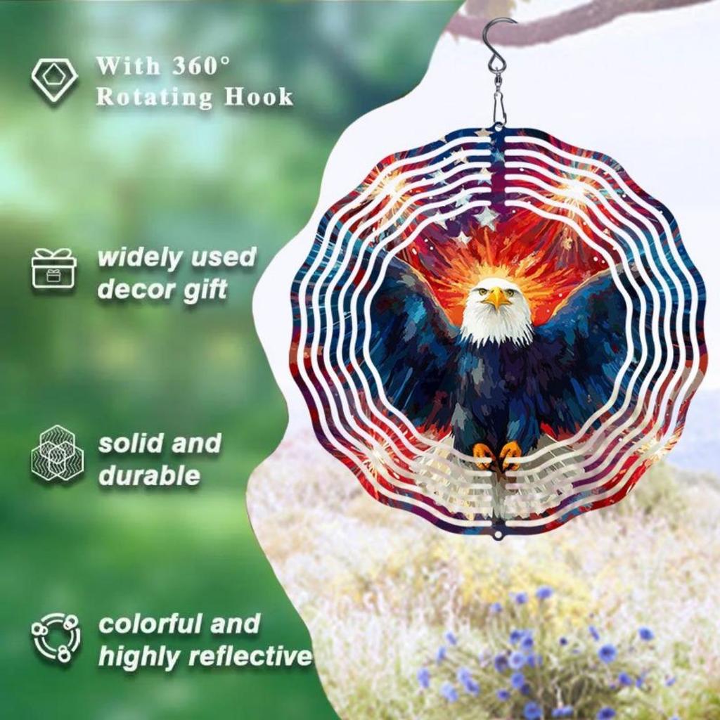 2D Patriotic Eagle Wind Chime Kinetic Metal Art for Outdoor Decor Rotating Hook Colorful Reflective Garden Ornament Unique Gift Idea