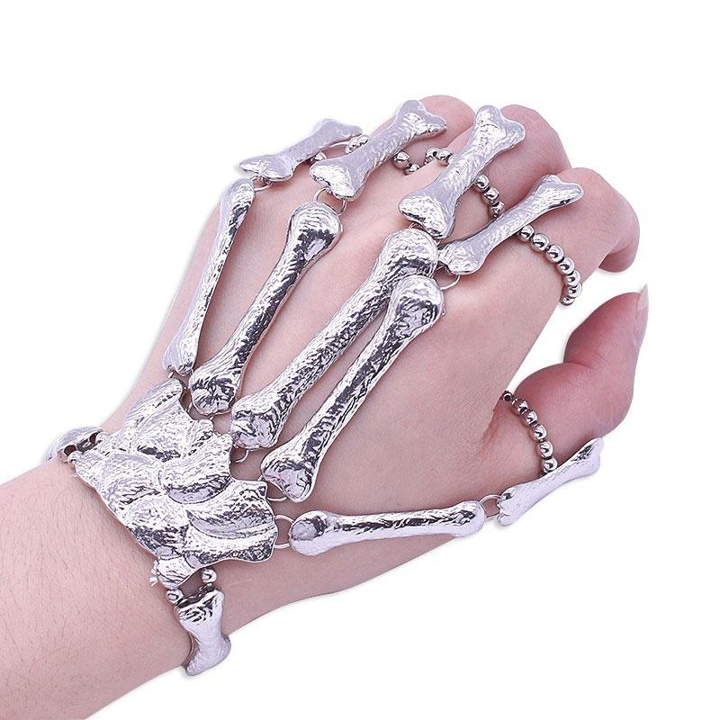 Gothic Halloween Skull Skeleton Metal Fingers Hand Bone Bracelet with Adjustable Ring Wristband Handmade Punk Jewelry for Women Girls
