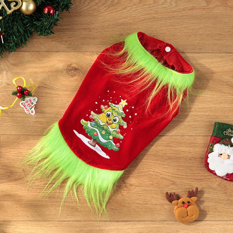 Green Haired Strange Christmas Dress Gold Velvet Fabric Christmas tree print Pet Party Christmas Clothes M