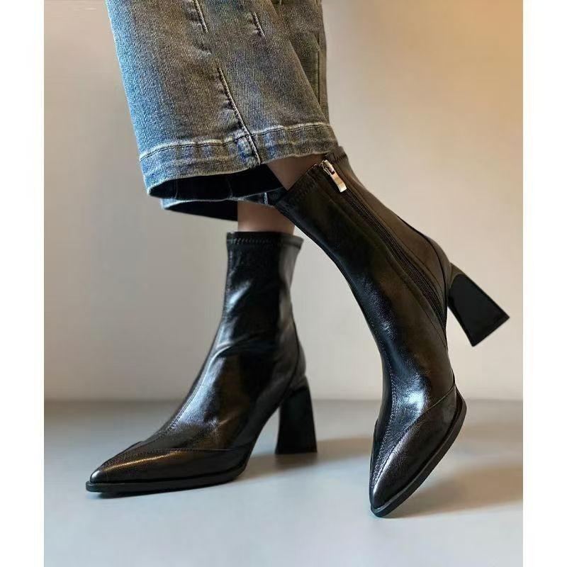 Fashion Retro Brown Pointed Toe Ankle Boots Chunky Heel Women Faion Waterproof Leather Comfortable Breathable Fall Winter Spring