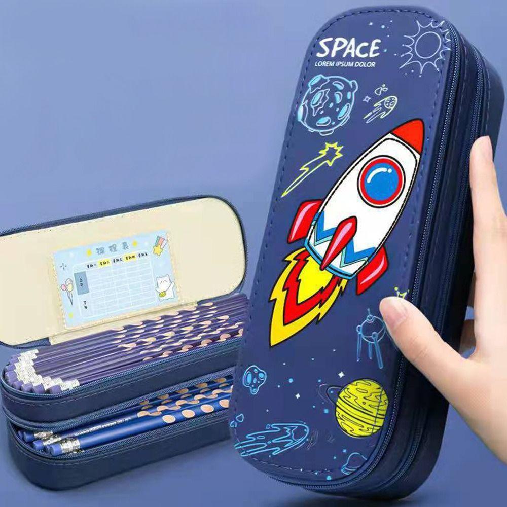 Large Capacity Cartoon Pencil Case Creative Double Layer PU Waterproof Stationery Box Student School Supplies
