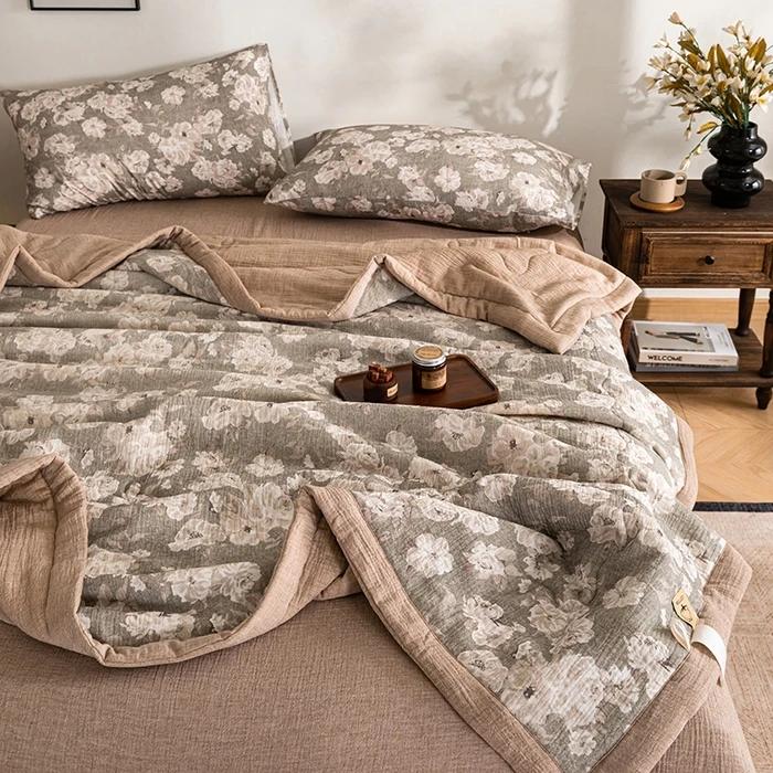 

2025 Новое хлопковое стеганое одеяло с принтом, двухслойная пряжа-пузырь, летнее соевое одеяло, летнее прохладное одеяло, одеяло для кондиционера, комплект из четырех предметов 150x200cm 1pcs