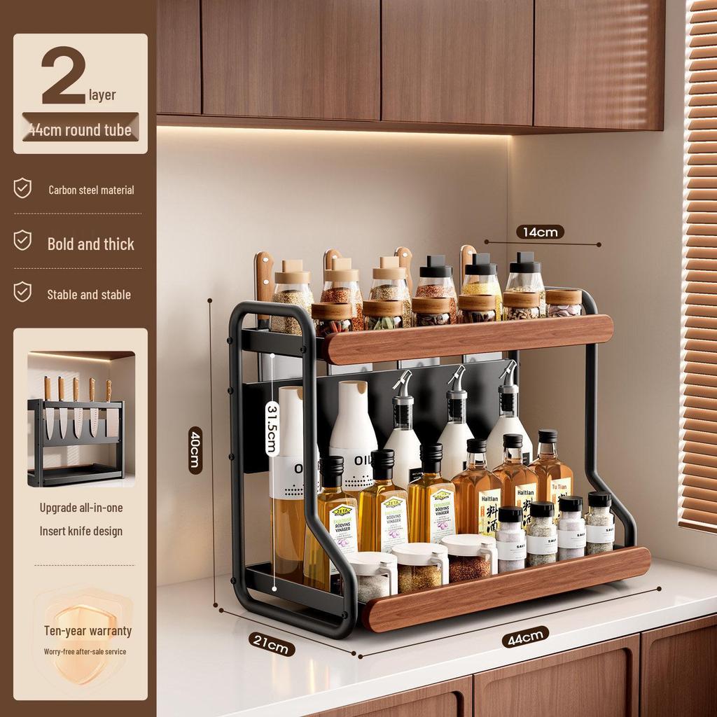 Retro Solid Wood Multi-Functional Kitchen Rack: Seasoning Storage, Jar and Bottle Holder, Knife Organizer.