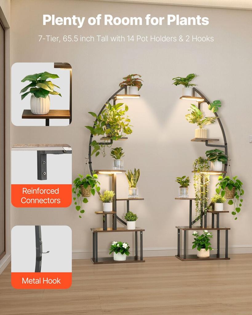 Plant Stand Indoor with Grow Lights, 166.5cm Tall 7-Tiered Lighted Plant Shelf, 2 Pack Metal Corner Plants Holder, 3 Timer & 10 Brightness, Half-Moon