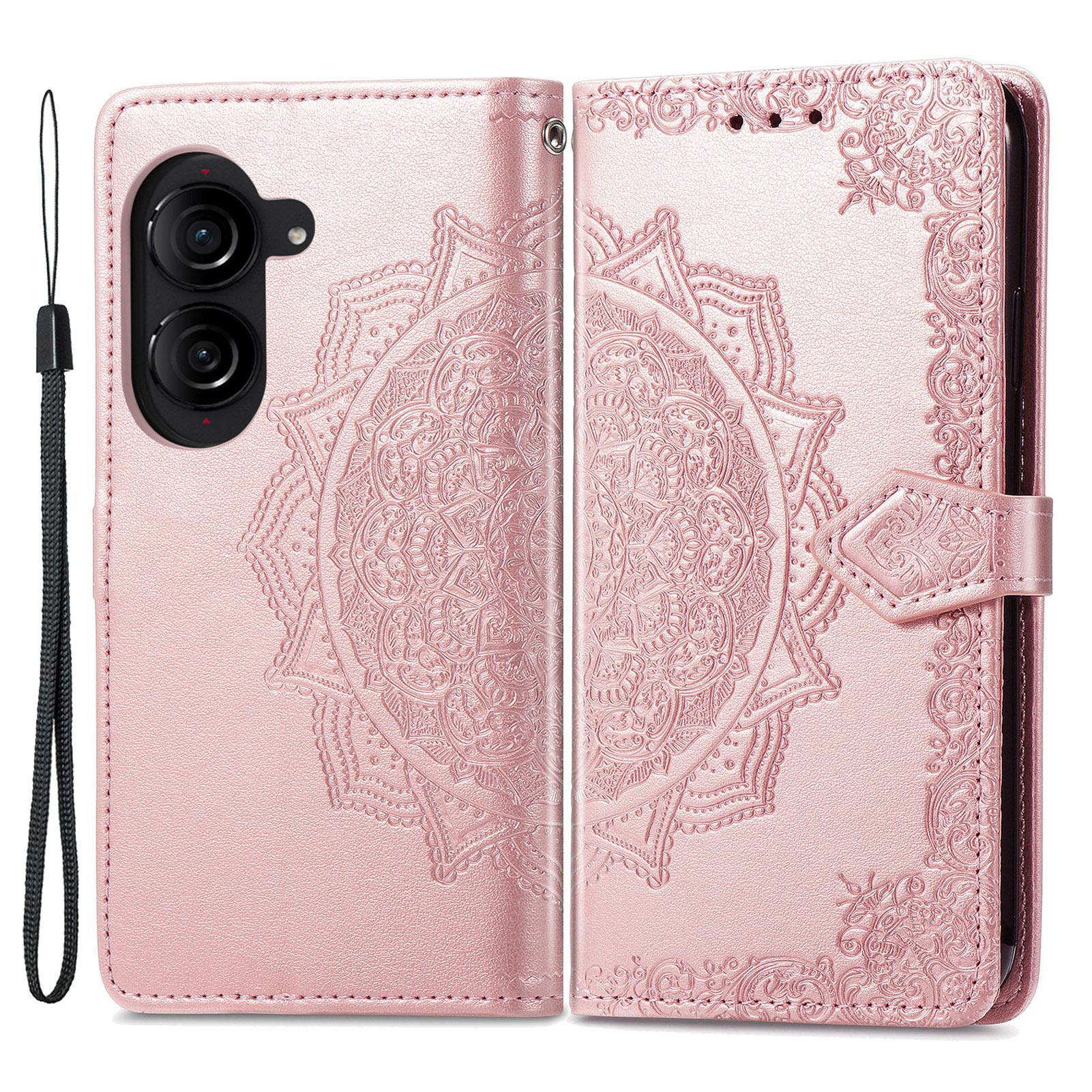 

For Asus Zenfone 10 5G Case Wallet with Card Holder Embossed Mandala Pattern PU Leather Cover Rose Gold
