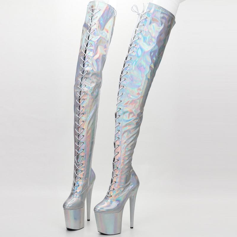 

Модные женские ботфорты FHC на каблуке 20 см, платформы до паха, мужские туфли для косплея и танцев на пилоне, сценическое шоу, персиковый, серебристый, цвета на заказ 36 серебряный