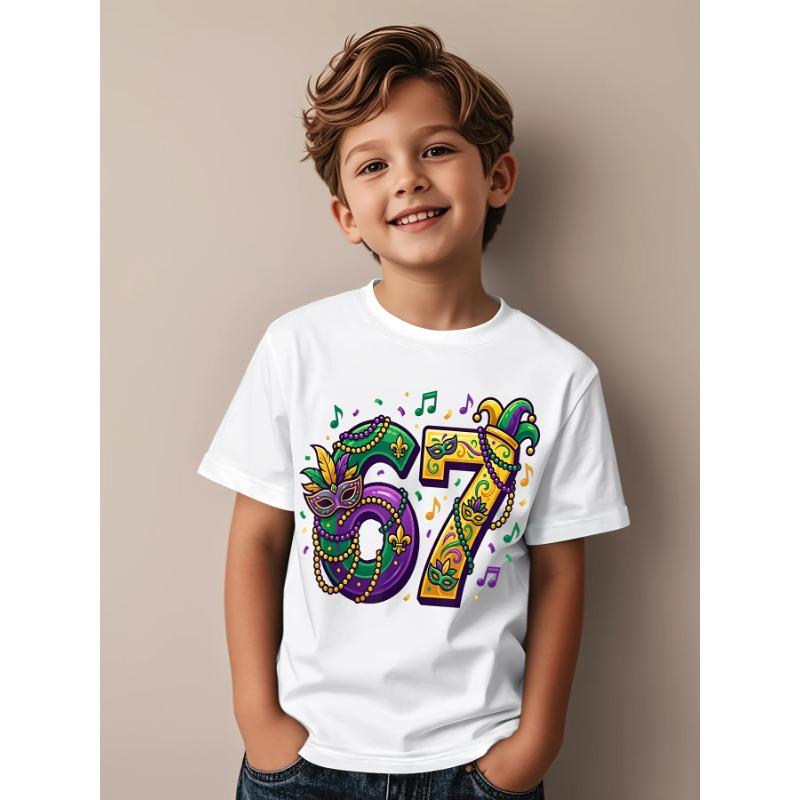 European Sizes Mardi Gras '67 New Orleans Retro T-Shirt for Boys - Vintage Number 67 Print, Casual Kids Wear Suitable for Birthday Gifts