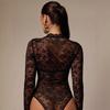 Ladies Spring Autumn Long Sleeve Stand Collar Lace Bodycon Romper T Shirt Top
