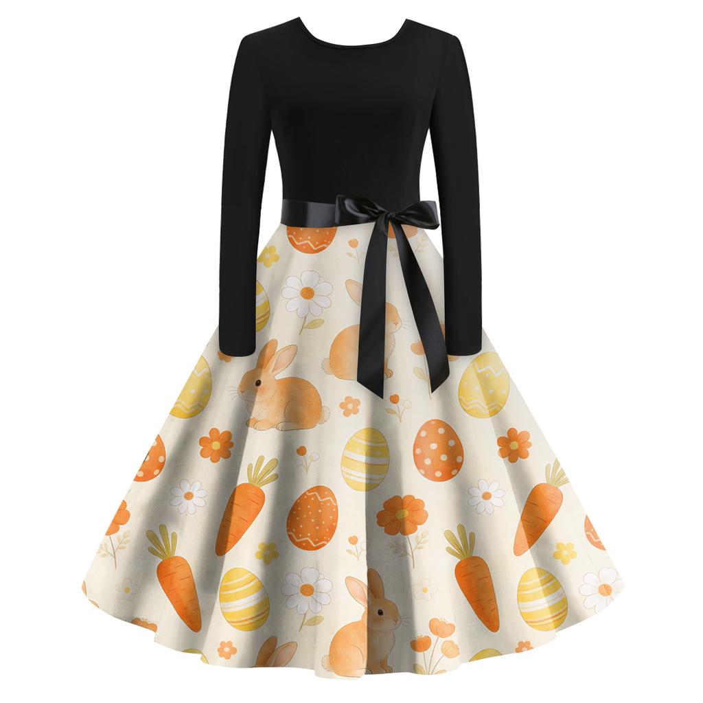 Rochie Retro cu Imprimeu de Crăciun, Casual, de Modă pentru Femei, cu Gât Rotund, Mâneci Lungi