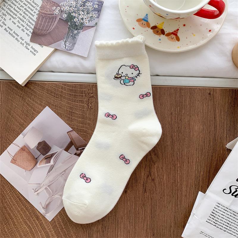 

Милые мультяшные носки до середины икры с бантом и кружевом для женщин - Коллекция Весна/Лето Pink Dots White Cat Mid-Calf (One Size)