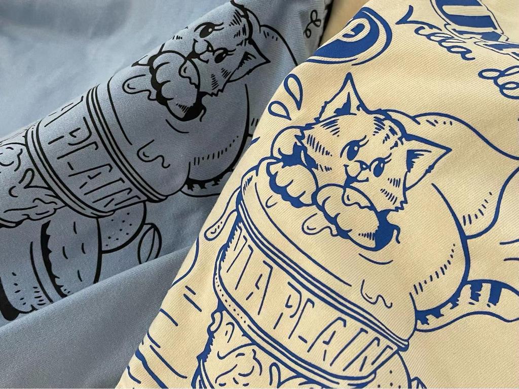 Qiqi 2024 Spring/Summer Color Block Ice Cream Kitten Print Short Sleeve T-Shirt