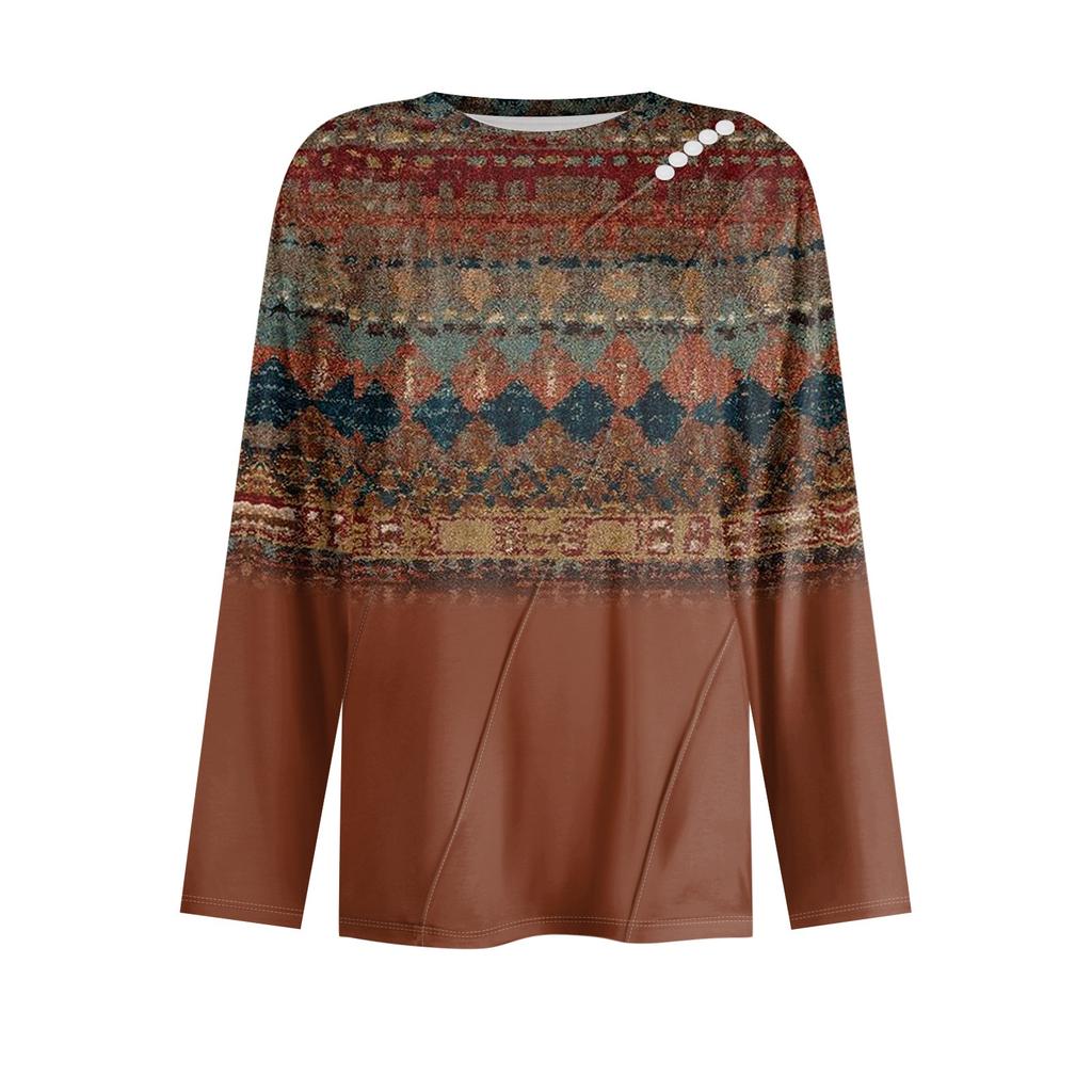 Women's Loose Casual Long Sleeve Top Round Neck Button Pull Stripe Prints T Shirt