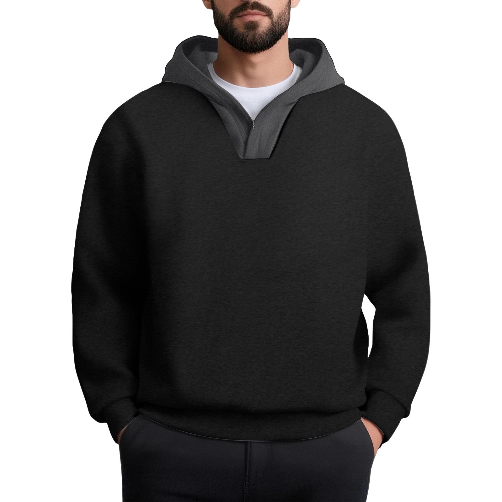 Men s Color Block V-neck Sweatshirt Hooded Pullover Sweatshirt L