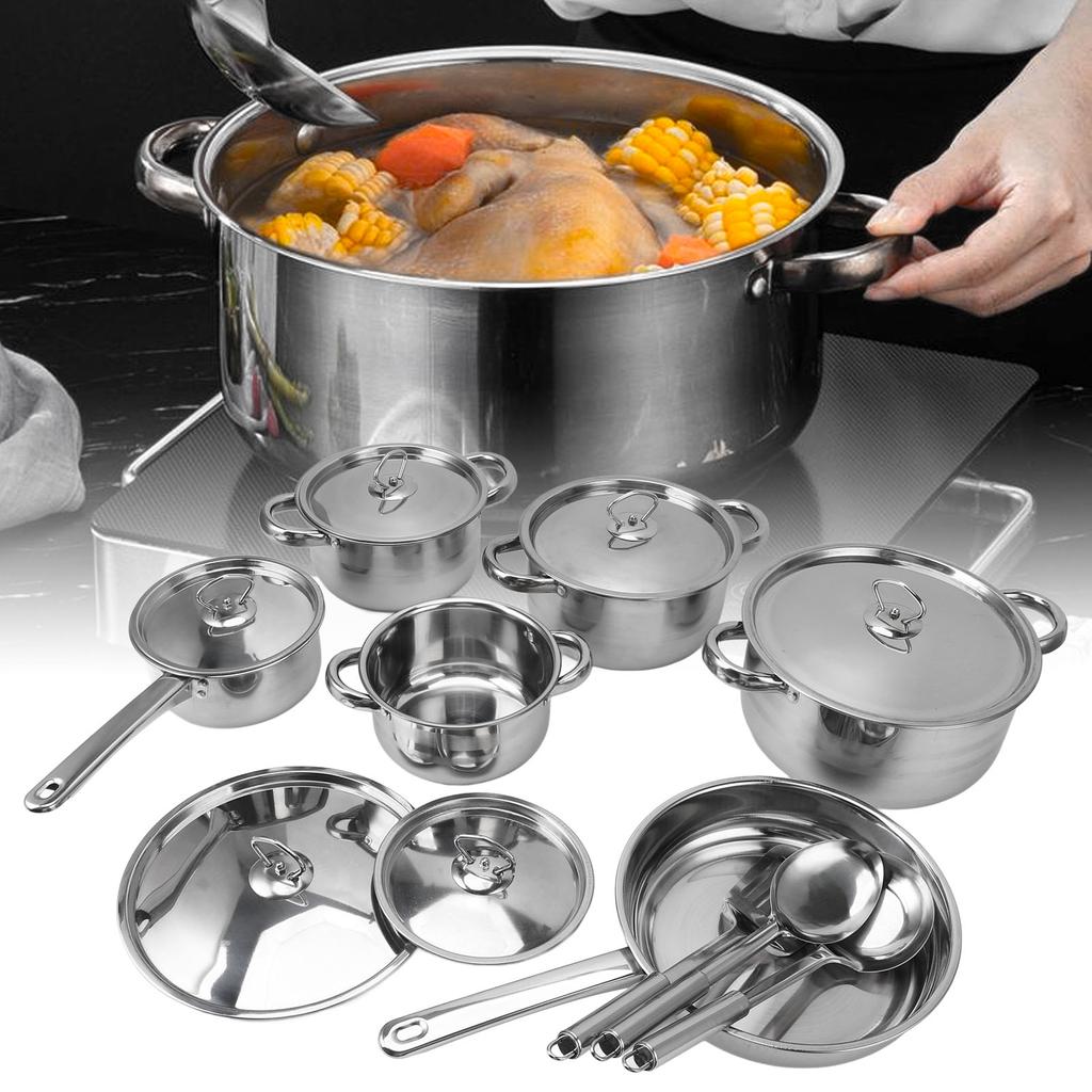 Stainless Steel Saute Pan Kitchen Cookware Set Stainless Steel Pots Pans Set with Soup Pot Saute Pan Lids for Home Cooking