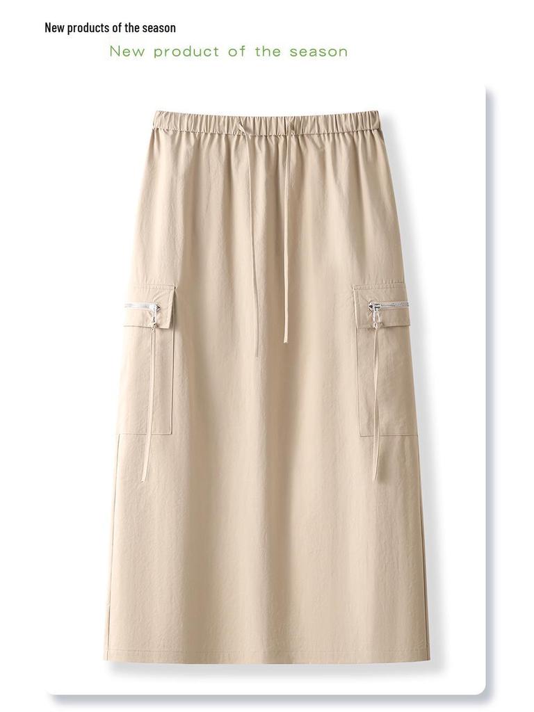 Apricot Retro Slit Midi Skirt - Women's 2024 Spring/Autumn Style, Bodycon Long Skirt